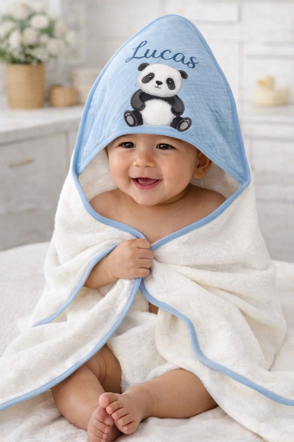 Cape de Bain Bébé à Capuche Personnalisée | Motifs Panda & Lion | Cadeau Naissance