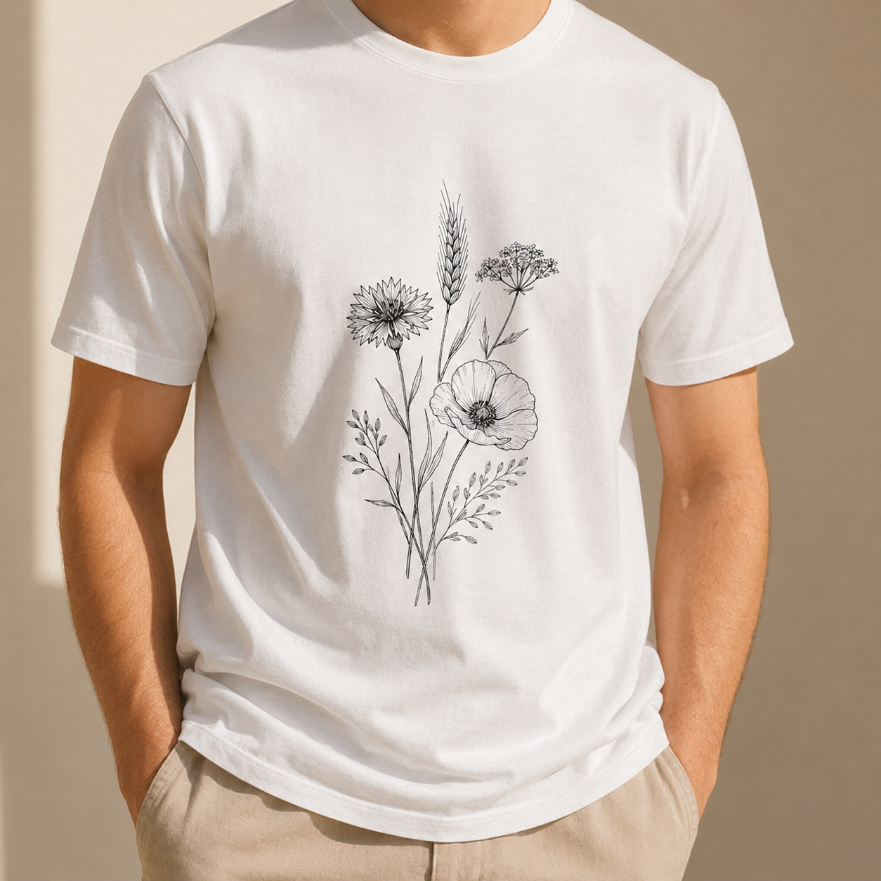 T-shirt blanc porté, motif botanique fleurs sauvages, ambiance lumineuse