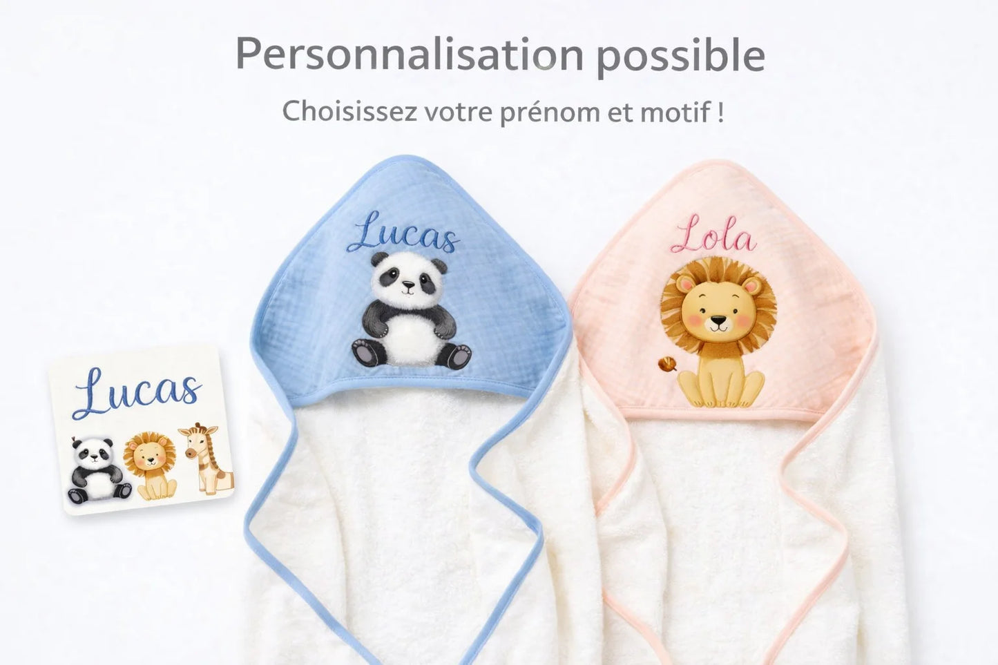 Cape de Bain Bébé à Capuche Personnalisée | Motifs Panda & Lion | Cadeau Naissance
