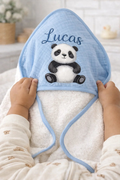 Cape de Bain Bébé à Capuche Personnalisée | Motifs Panda & Lion | Cadeau Naissance