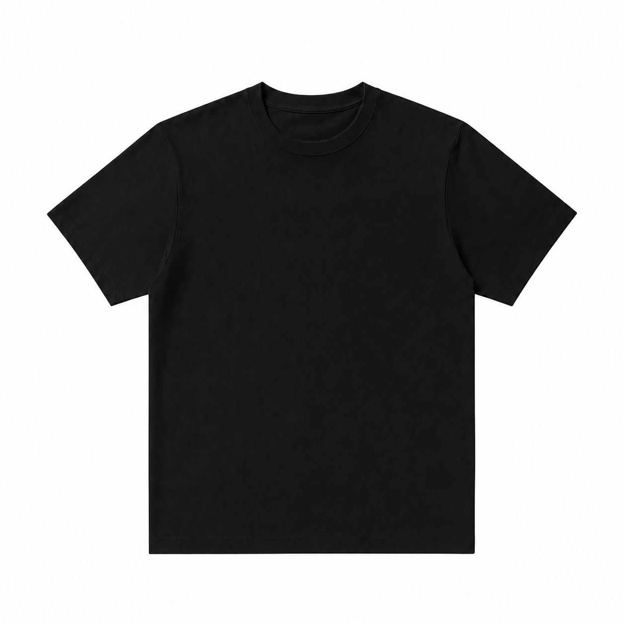 T-shirt noir uni à plat, vue de face, fond blanc